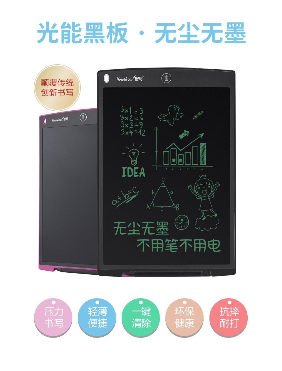 光能黑板無塵無墨，顛覆傳統創新書寫；壓力書寫、輕薄便捷、一鍵清除、環保健康、抗摔耐打